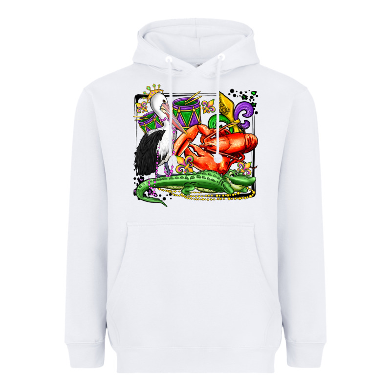 Mardi Gras Pelican Crawfish Crocodile Heavyweight Hoodie by OliviaCreatesArt | Teevron