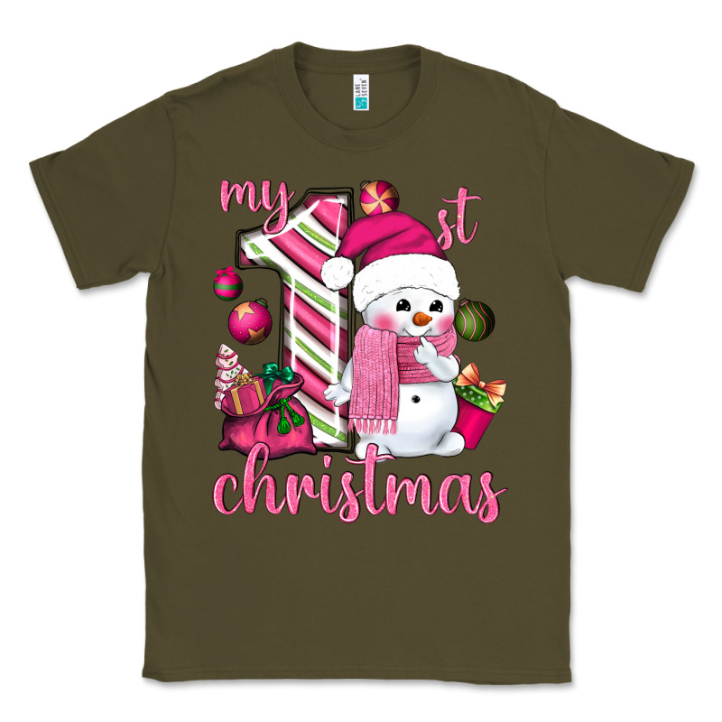 My 1st. Pink Christmas With Cute Snowman Classic Tee by NancyCooperArtShop | Teevron