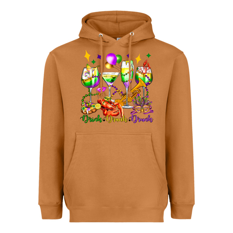 Drink Drank Drunk Mardi Gras Wine Glasses Olivia Heavyweight Hoodie by OliviaCreatesArt | Teevron