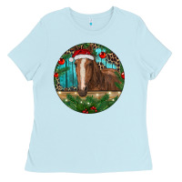 Baby Blue Brown Horse Christmas Ladies Tee - RanaPortraitStore