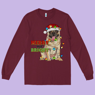 Merry And Bright Pug Long Sleeve Tee Designed By Ranaportraitstore