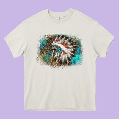 Indian Headress Sunflower Leopard Heavy Core Tee Designed By Adodesignshop