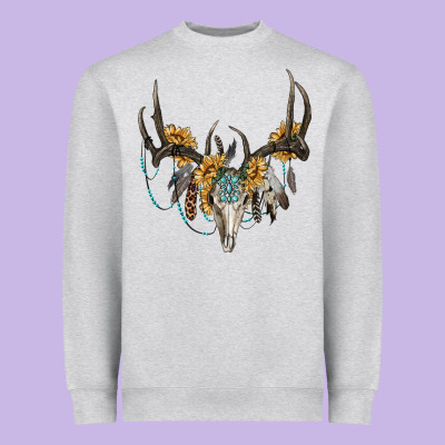 Boho Deer Skull Sunflowers And Gemstone Heavyweight Sweatshirt Designed By Ranaportraitstore