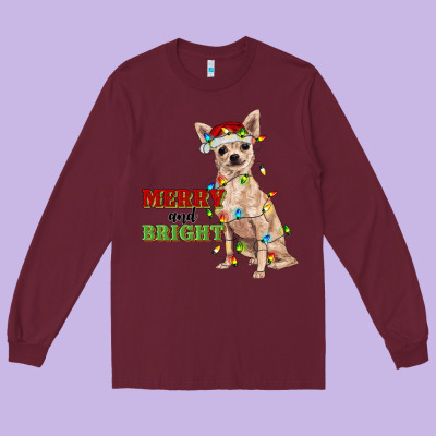 Merry And Bright Chihuahua Long Sleeve Tee Designed By Ranaportraitstore
