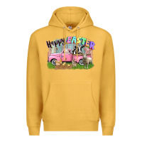 Mustard Happy Easter truck with farm animals Easter Day Premium Hoodie - CowGirlArtShop