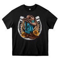 Black western horseshoe boots hat rope sunflower Heavy Core Tee - AdoDesignShop