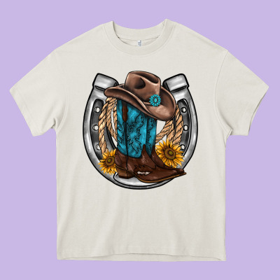 Western Horseshoe Boots Hat Rope Sunflower Heavy Core Tee Designed By Adodesignshop