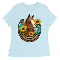 Baby Blue western horseshoe horse sunflowers gemstone Ladies Tee - Artiststas
