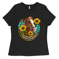 Black western horseshoe horse sunflowers gemstone Ladies Tee - Artiststas