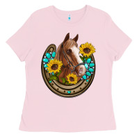 Bubblegum Pink western horseshoe horse sunflowers gemstone Ladies Tee - Artiststas