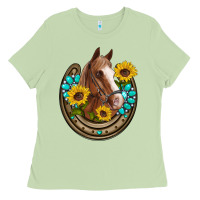 Western Horseshoe Horse Sunflowers Gemstone Ladies Tee | Teevron