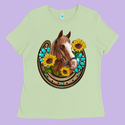 Western Horseshoe Horse Sunflowers Gemstone Ladies Tee Designed By Artiststas