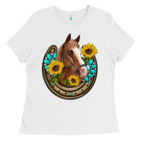 White western horseshoe horse sunflowers gemstone Ladies Tee - Artiststas