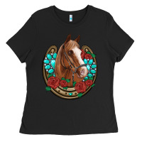 Black western horseshoe horse roses gemstone Ladies Tee - Artiststas