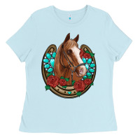 Baby Blue western horseshoe horse roses gemstone Ladies Tee - Artiststas