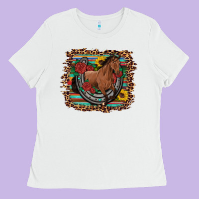 Western Horse Horseshoe Roses Sunflowers Serape Leopard Ladies Tee Designed By Artiststas