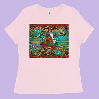 Western Horse Horseshoe Roses Gemstones Glitter Wooden Ladies Tee Designed By Artiststas