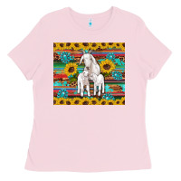 Bubblegum Pink goats mom and baby sunflowers gemstones serape leopard glitter wooden Ladies Tee - Artiststas