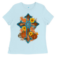 Baby Blue thanksgiving cross pumpkin sunflower Ladies Tee - AdoDesignShop