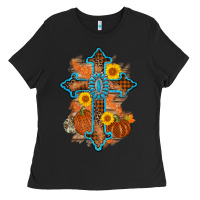 Black thanksgiving cross pumpkin sunflower Ladies Tee - AdoDesignShop