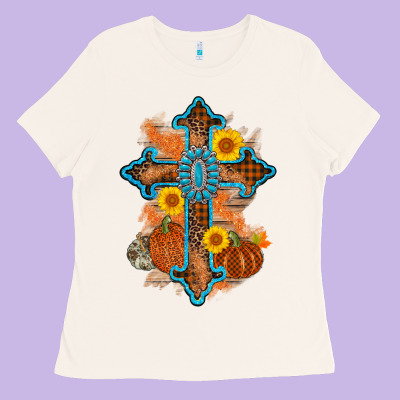 Thanksgiving Cross Pumpkin Sunflower Ladies Tee Designed By Adodesignshop