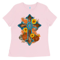 Bubblegum Pink thanksgiving cross pumpkin sunflower Ladies Tee - AdoDesignShop