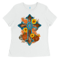 White thanksgiving cross pumpkin sunflower Ladies Tee - AdoDesignShop