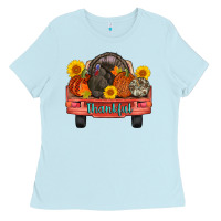 Baby Blue thankful turkey truck Ladies Tee - AdoDesignShop