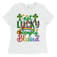 White Western St. Patrick's Day Cross Not Lucky Simply Blessed Ladies Tee - Artiststas