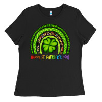 Black Happy St. Patrick's Day Shamrock Rainbow Ladies Tee - Artiststas