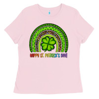 Bubblegum Pink Happy St. Patrick's Day Shamrock Rainbow Ladies Tee - Artiststas