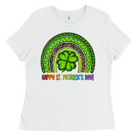 White Happy St. Patrick's Day Shamrock Rainbow Ladies Tee - Artiststas