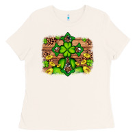 Bone Western Shamrock Cross Leopard Background Ladies Tee - Artiststas