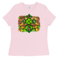 Bubblegum Pink Western Shamrock Cross Leopard Background Ladies Tee - Artiststas