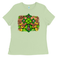 Matcha Western Shamrock Cross Leopard Background Ladies Tee - Artiststas