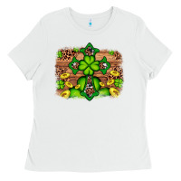 White Western Shamrock Cross Leopard Background Ladies Tee - Artiststas