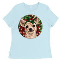 Baby Blue Christmas Chihuahua With Buffalo Plaid Ladies Tee - RanaPortraitStore
