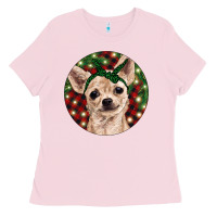 Bubblegum Pink Christmas Chihuahua With Buffalo Plaid Ladies Tee - RanaPortraitStore
