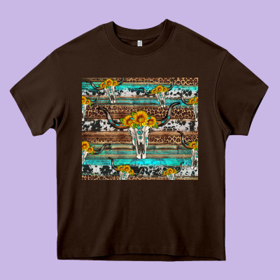 Longhorn Bull Skull Cowhide Leopard Turquoise Heavy Core Tee Designed By Artiststas