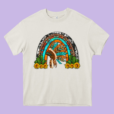 Indian Headdress Cactus And Sunflowers Rainbow Heavy Core Tee Designed By Artiststas