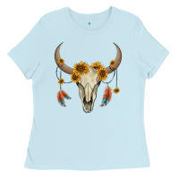 Baby Blue bull skull sunflowers and feathers Ladies Tee - AdoDesignShop