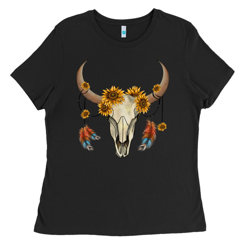 Bull Skull Sunflowers And Feathers Ladies Tee by AdoDesignShop | Teevron