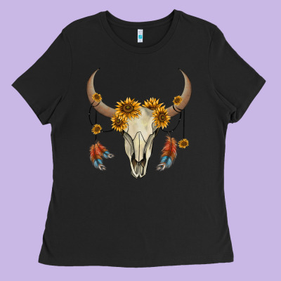 Bull Skull Sunflowers And Feathers Ladies Tee Designed By Adodesignshop