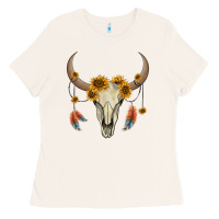 Bone bull skull sunflowers and feathers Ladies Tee - AdoDesignShop