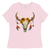Bubblegum Pink bull skull sunflowers and feathers Ladies Tee - AdoDesignShop