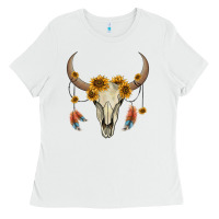 White bull skull sunflowers and feathers Ladies Tee - AdoDesignShop