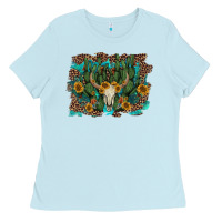 Baby Blue leopard bull skull cactus sunflowers Ladies Tee - AdoDesignShop