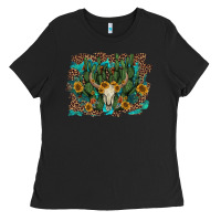 Black leopard bull skull cactus sunflowers Ladies Tee - AdoDesignShop