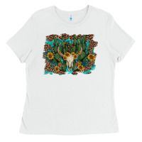White leopard bull skull cactus sunflowers Ladies Tee - AdoDesignShop