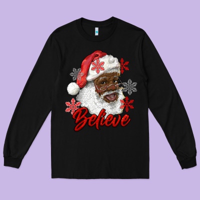 African American Santa Believe Long Sleeve Tee Designed By Ranaportraitstore